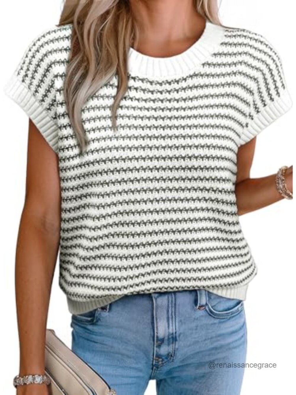 Striped Cap Sleeve Sweater Vest Crew Neck Tank Top Lightweight Knit